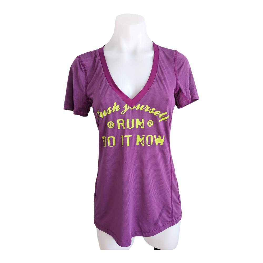 Lululemon Sz 6 Push Yourself Tee T-Shirt Purple V Neck Activewear Short Sleeves
